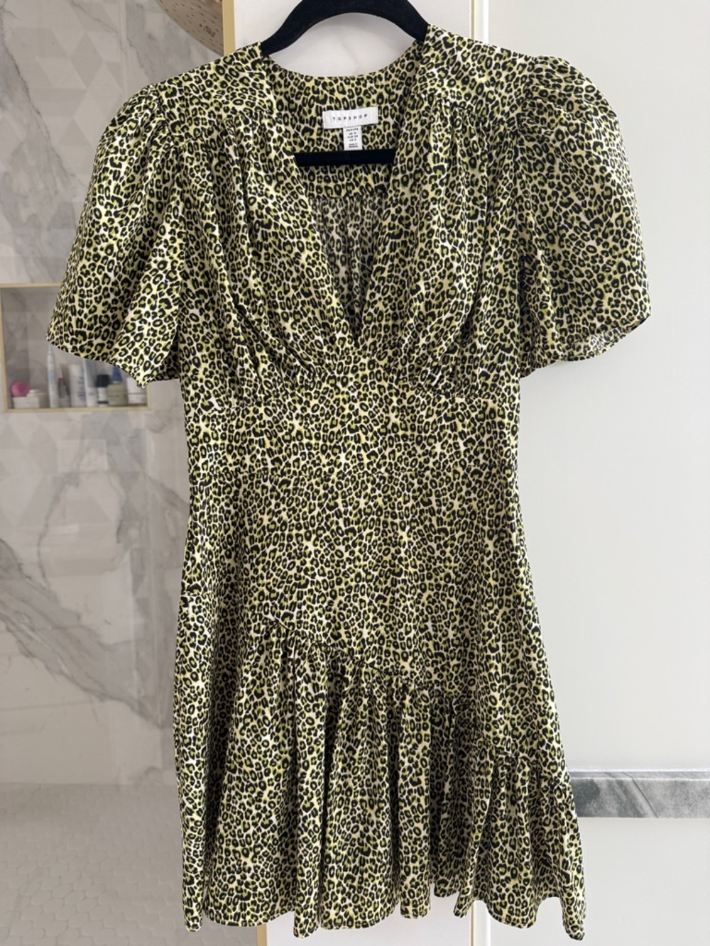 Topshop Green Leopard Print V-Neck Mini Dress